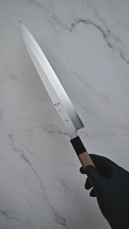 300mm Hatsukokoro shirasagi ginsan yanagiba knife shown from full blade profile to detailed views of both sides, maker's mark, choil, spine, and handle