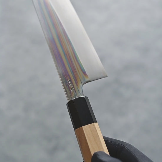 Nakagawa ginsan bunka knife shown from different angles, with close-up views of the blade finish and details.