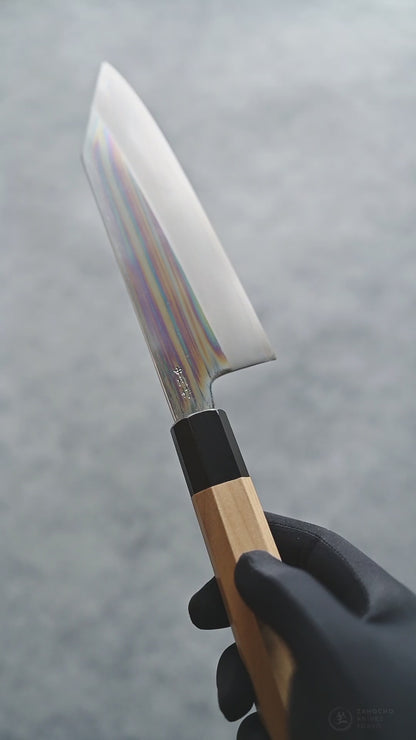 Nakagawa ginsan bunka knife shown from different angles, with close-up views of the blade finish and details.