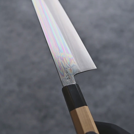 Nakagawa ginsan tall gyuto knife shown from different angles, with close-up views of the blade finish and details.