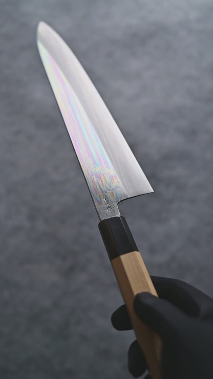 Nakagawa ginsan tall gyuto knife shown from different angles, with close-up views of the blade finish and details.