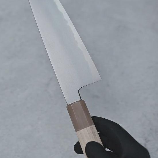 Video showing the details and various angles of the Yoshikazu Tanaka AS aogami super tall gyuto knife with 210mm length