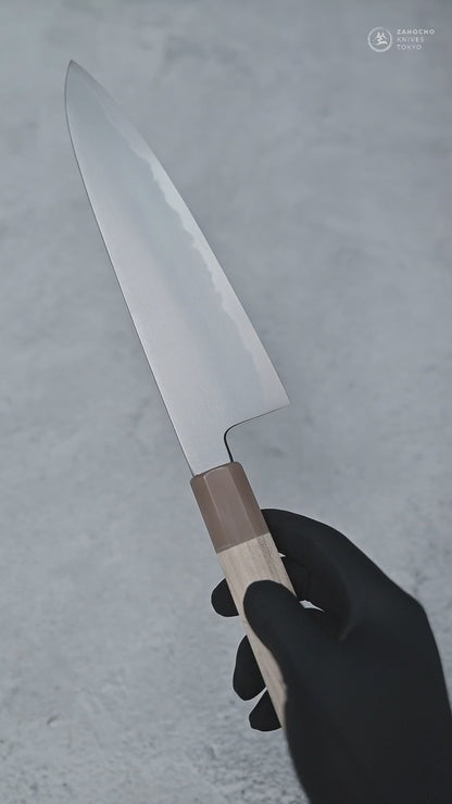 Video showing the details and various angles of the Yoshikazu Tanaka AS aogami super tall gyuto knife with 210mm length