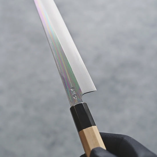 Nakagawa ginsan petty knife shown from different angles, with close-up views of the blade finish and details.