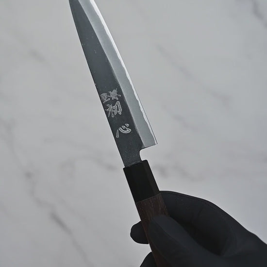 Hatsukokoro Aosagi kurouchi aogami2 petty knife shown from full blade profile to detailed views of both sides, maker's mark, choil, spine, and handle