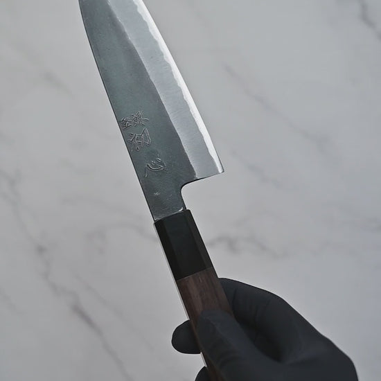 180mm Hatsukokoro Aosagi kurouchi aogami2 santoku knife shown from full blade profile to detailed views of both sides, maker's mark, choil, spine, and handle