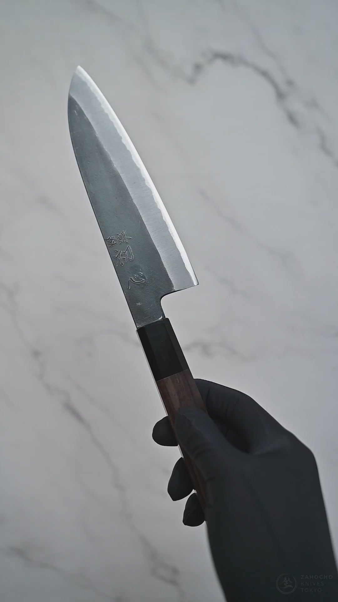 180mm Hatsukokoro Aosagi kurouchi aogami2 santoku knife shown from full blade profile to detailed views of both sides, maker's mark, choil, spine, and handle