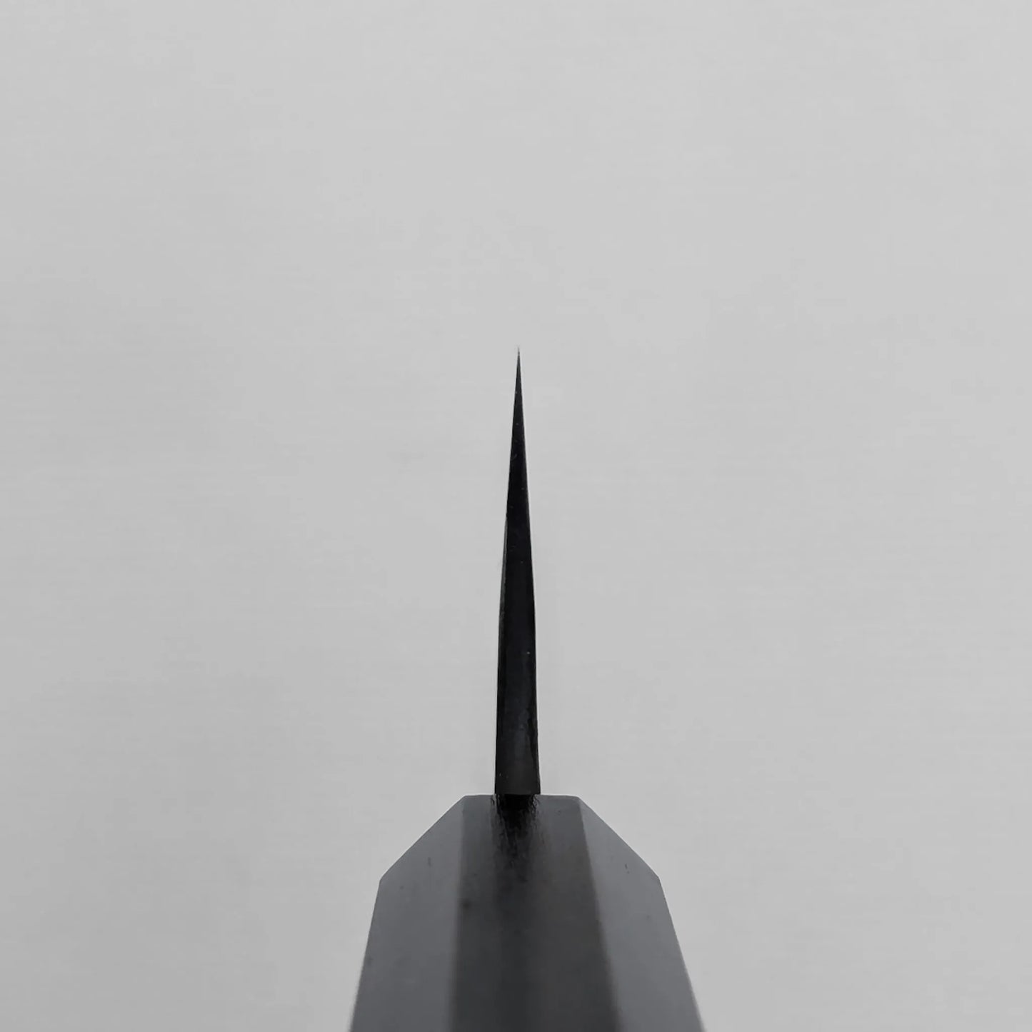 Choil shot of a knife blade positioned vertically against a plain light gray background, highlighting the thinness and edge.