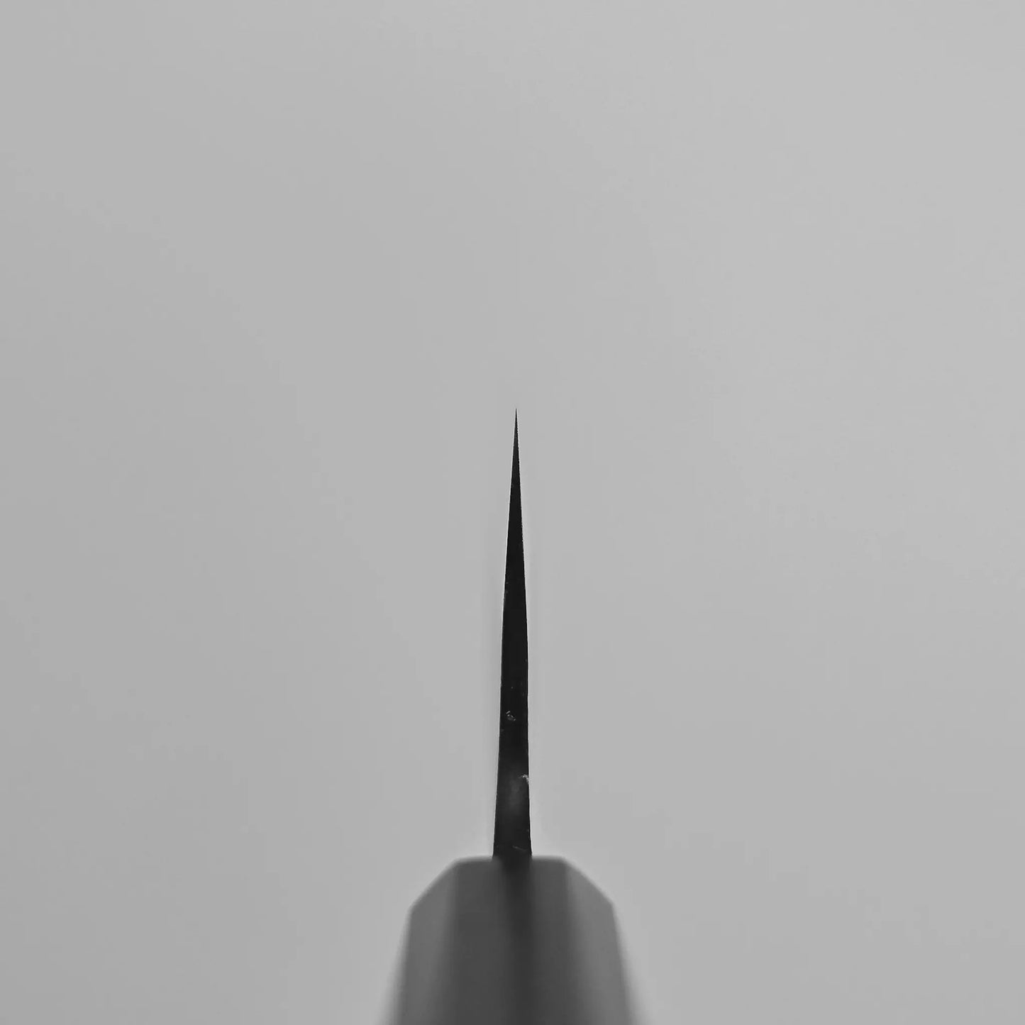 Close-up of a Japanese knife blade tip showing a pointed shape and visible hand-forged finish details near the edge.