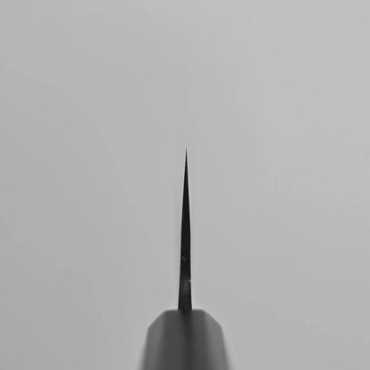 Close-up of a Japanese knife blade tip showing a pointed shape and visible hand-forged finish details near the edge.