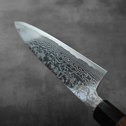 Close-up of a gyuto featuring a distinctive patterned blade.