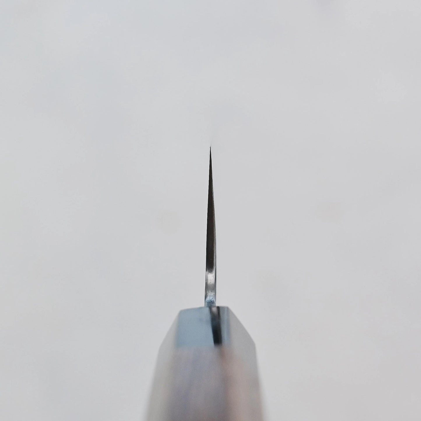 Close-up view of the tip of a gyuto, captured from the point facing directly toward the camera.