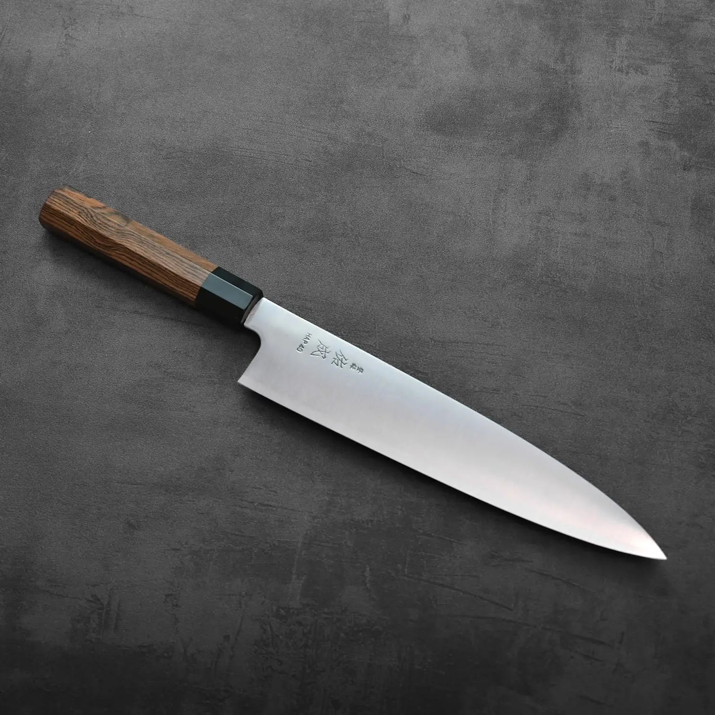 A gyuto with a wooden handle.