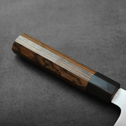 Kiritsuke gyuto with a 270mm blade, close-up of wooden handle and polished finish.