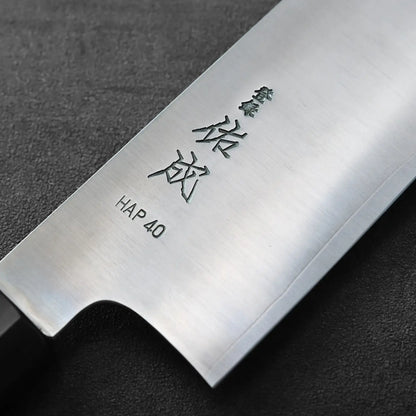 Kiritsuke gyuto with engraved characters on the blade, shown in close-up to highlight its features.