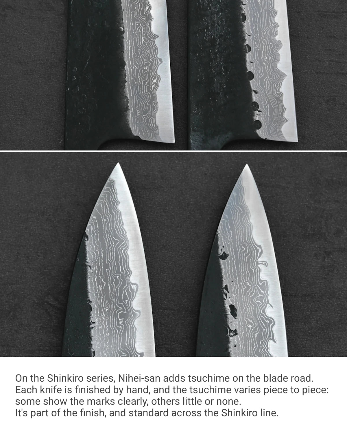 Close-up of two gyuto blades, each 210mm, displaying unique kurouchi damascus textures and finishes.