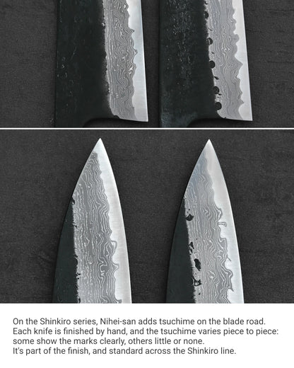 Close-up of two gyuto blades, each 210mm, displaying unique kurouchi damascus textures and finishes.