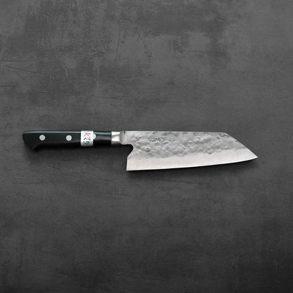 Santoku with hammered blade and black handle.