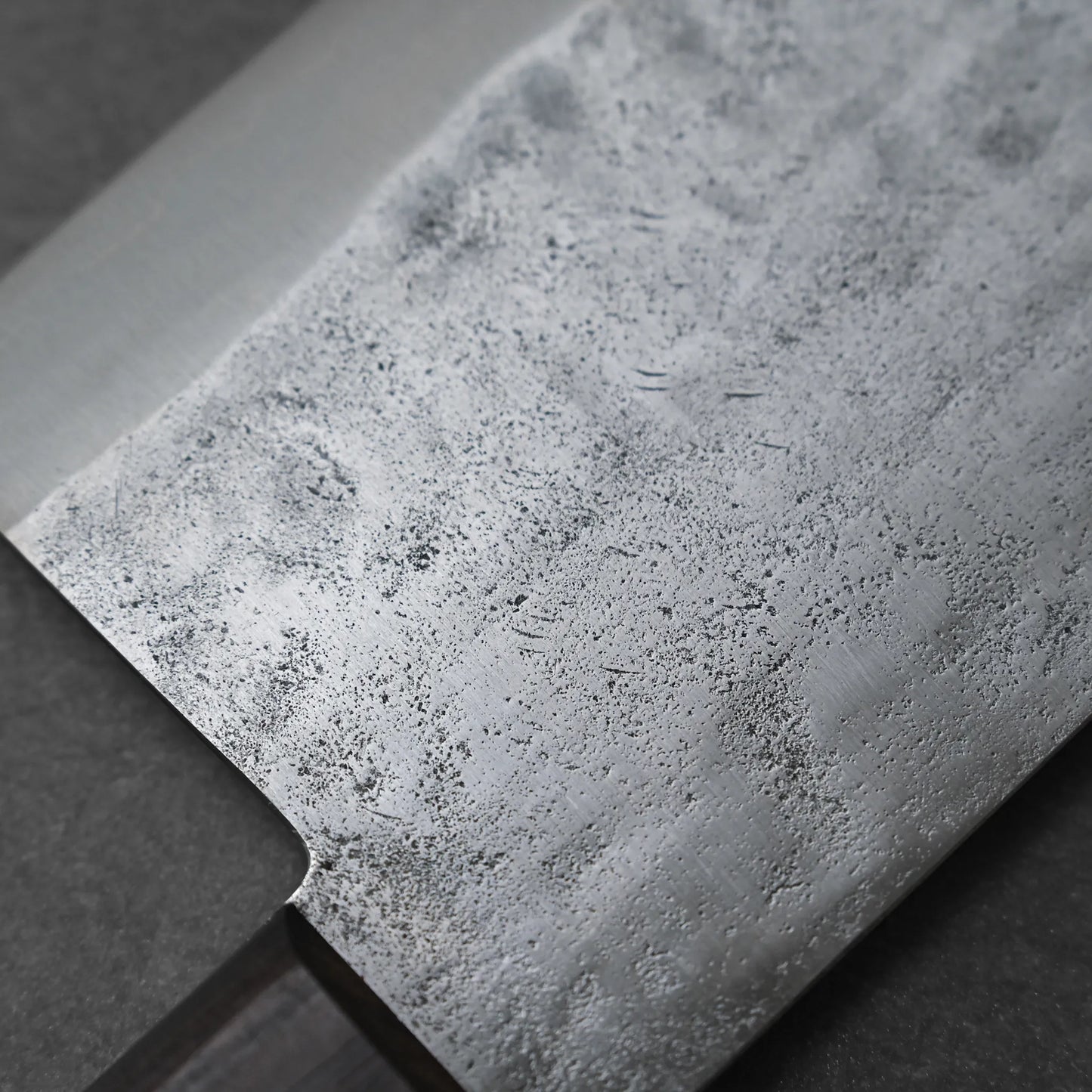 Close-up of the Teruyasu Fujiwara nashiji shirogami#1 chuka bocho 210x90mm blade, showcasing its mottled nashiji finish with fine scratches and patterns; the knife handle appears partially in the lower left corner.
