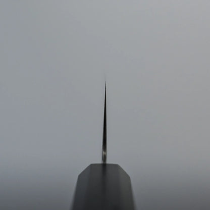 Choil shot of a kiritsuke Japanese chef knife, shown from above with the edge facing the viewer against a plain, light gray background. The blade appears thin and sharp, tapering to a precise point.