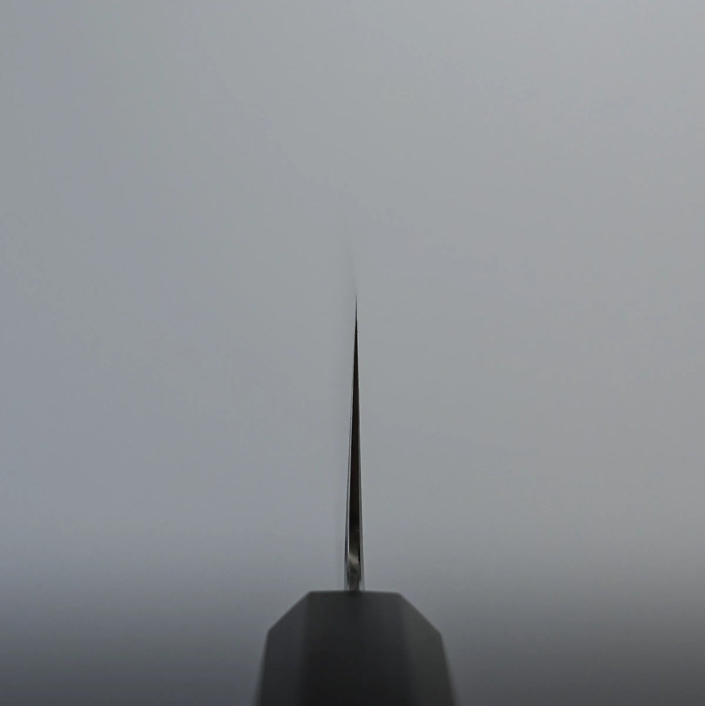 Choil shot of a nakiri knife blade with the sharp edge facing toward the viewer, making the thin metal appear as a vertical line against a plain, light-colored background.