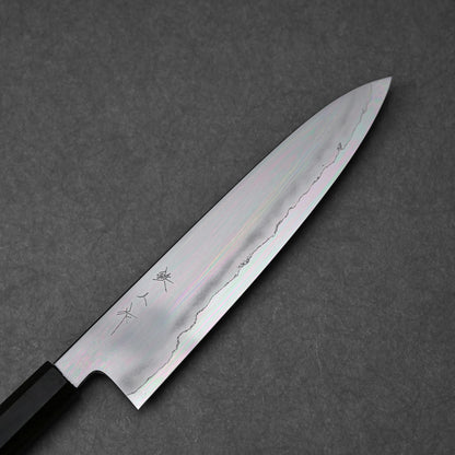 Close-up of a gyuto knife blade made with ginsan steel; photographed to clean finish, vertically engraved kanji characters, and polished steel finish.