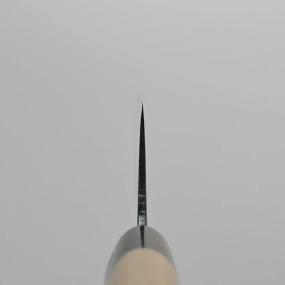 Choil shot of a Sanjo gyuto knife blade, photographed from the tip along its spine, with a neutral gray background.