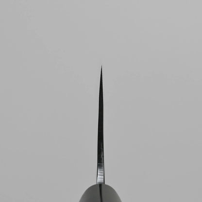 A choil shot of a kurouchi santoku knife blade against a plain, light gray background.