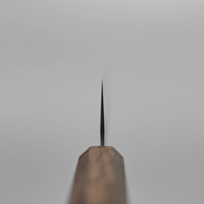 Close-up of the tip of the Tsunehisa nashiji SLD bunka 170mm knife blade shown vertically, its wooden handle at the bottom, against a softly blurred neutral background.