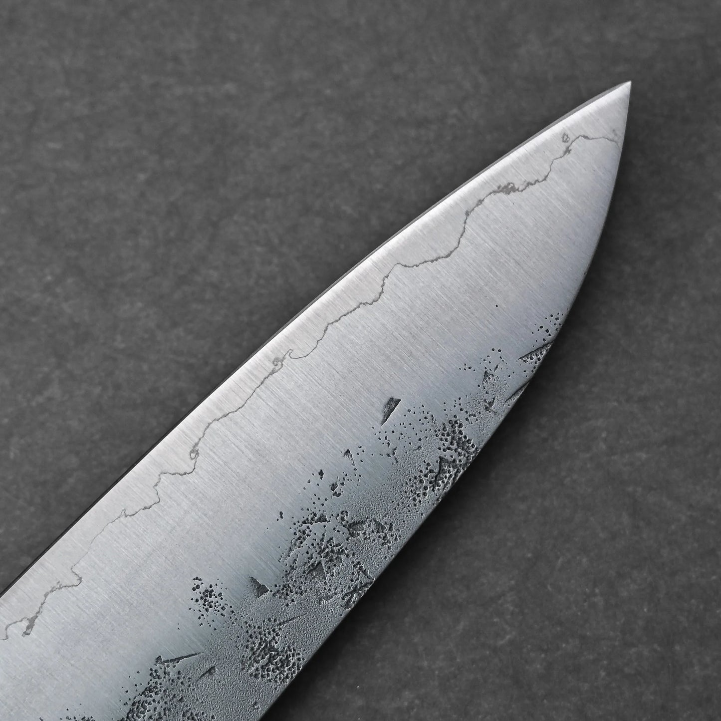 Close-up of the Tsunehisa nashiji SLD gyuto 210mm blade on a dark background, showing its wavy hamon line near the edge and distinctive nashiji textured pattern on the lower part of its SLD steel blade.