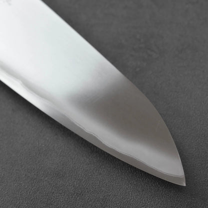 Close-up of a 210mm gyuto blade showing the transition line between the core and cladding.