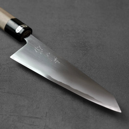 Honesuki 150mm knife with a pointed blade and a wooden handle featuring a black collar.
