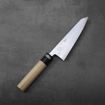 Honesuki 150mm: light wood handle, black bolster, pointed blade with Japanese characters.