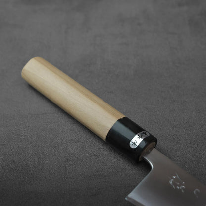 Honesuki 150mm with a light wood cylindrical handle and a black ferrule featuring characters.