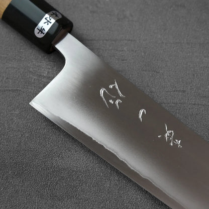 Sujihiki 270mm with a dark wooden handle, a bolster, and engraved Japanese kanji.