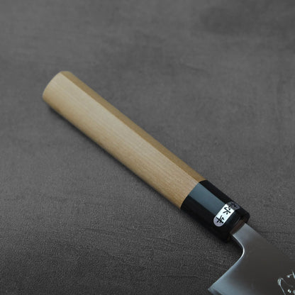 Sujihiki with an octagonal wooden handle and a black ferrule featuring a white sticker.