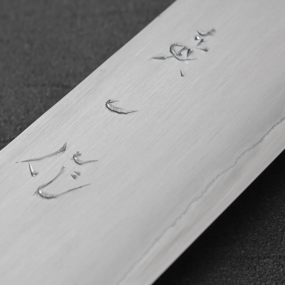 Sujihiki 270mm blade with a brushed finish and Japanese characters engraved in the metal.