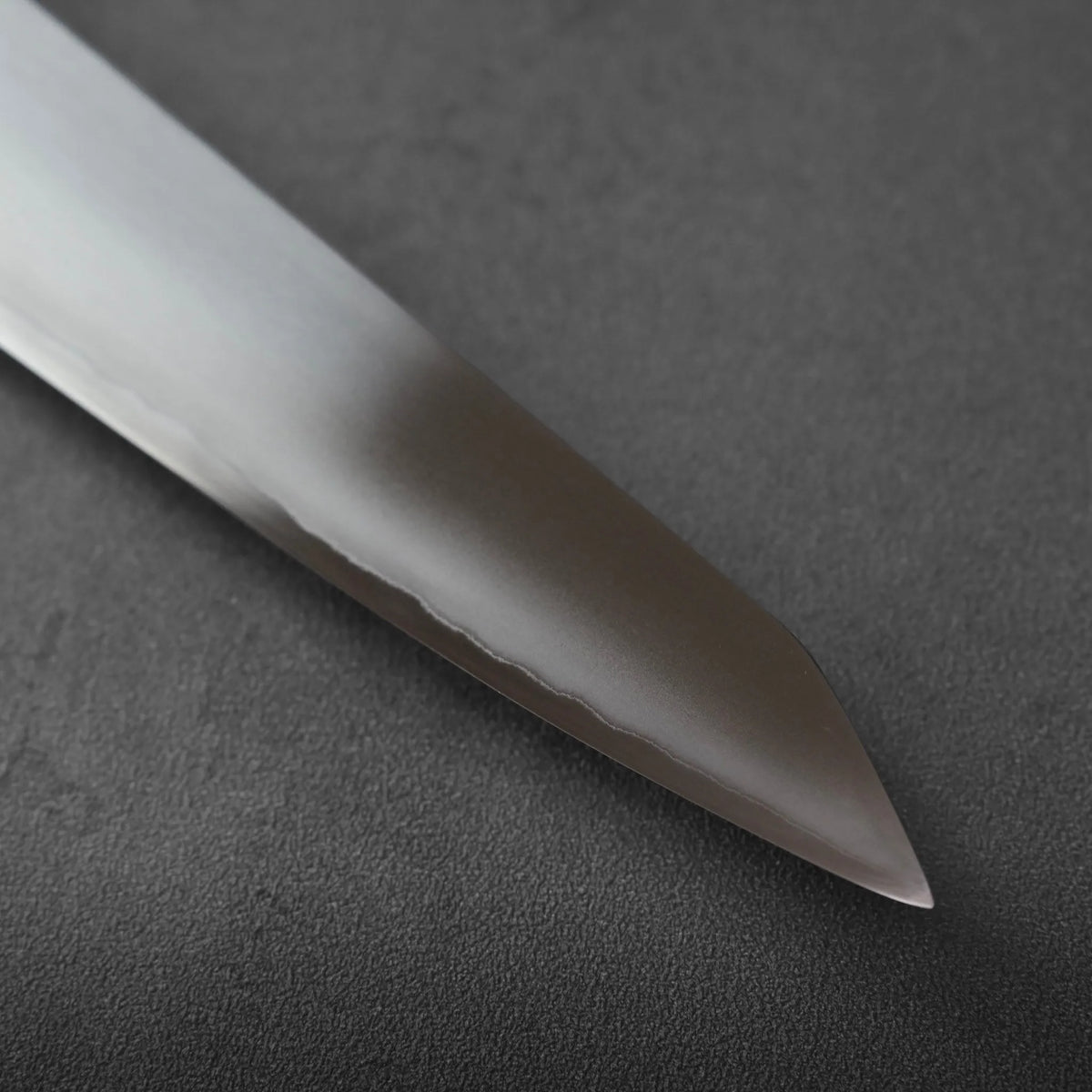 Close-up of a sujihiki blade tip showing the metal edge transition line.