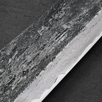 Gyuto with extra tall 240x58mm blade featuring a distinctive pattern.