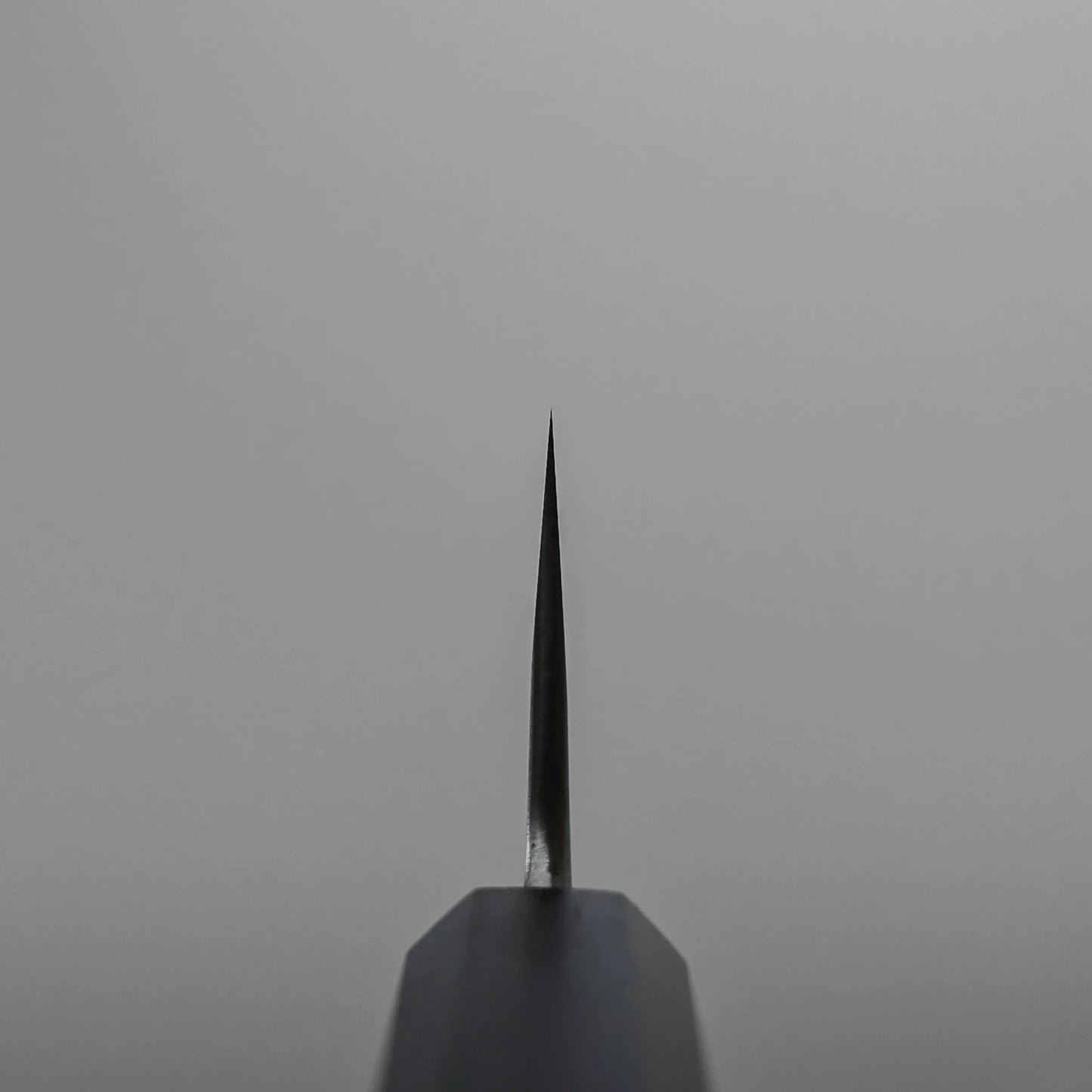 Choil shot of a workhorse gyuto knife blade, photographed from above against a plain, light gray background.