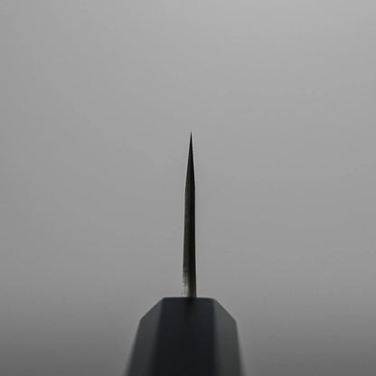 Choil shot of a honesuki knife, a traditional Japanese boning knife, set against a plain, light gray background.