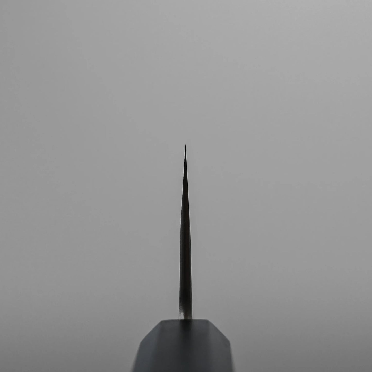 Choil shot of a vegetable knife blade, photographed straight on against a plain grey background, showing the sharp edge in the center of the image.