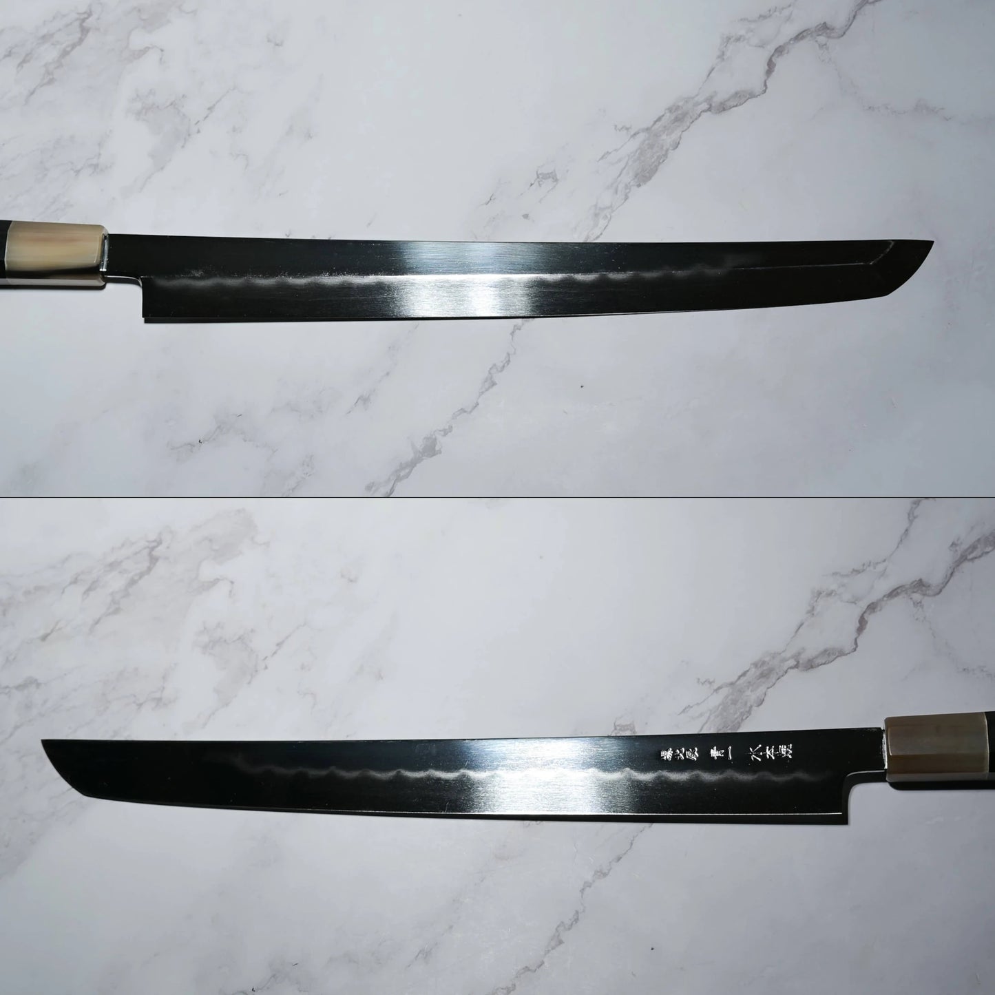 Two views of a Japanese honyaki sakimaru takohiki knife on a marble-patterned surface. The blade is long, narrow, and single-beveled, with a curved tip and visible hamon line. One view shows the edge and temper line; the other shows engraved kanji near the handle.
