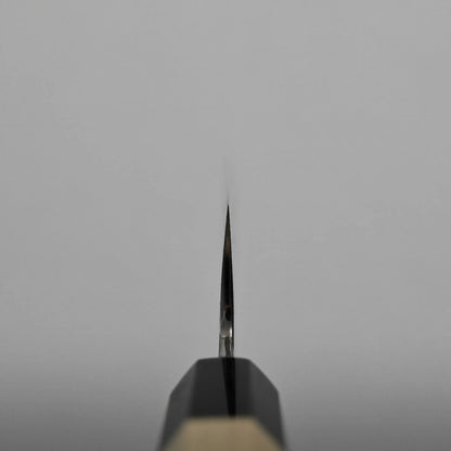 Choil shot of a gyuto knife, positioned vertically against a plain, light gray background, with the sharp edge clearly in focus and the rest of the handle blurred.