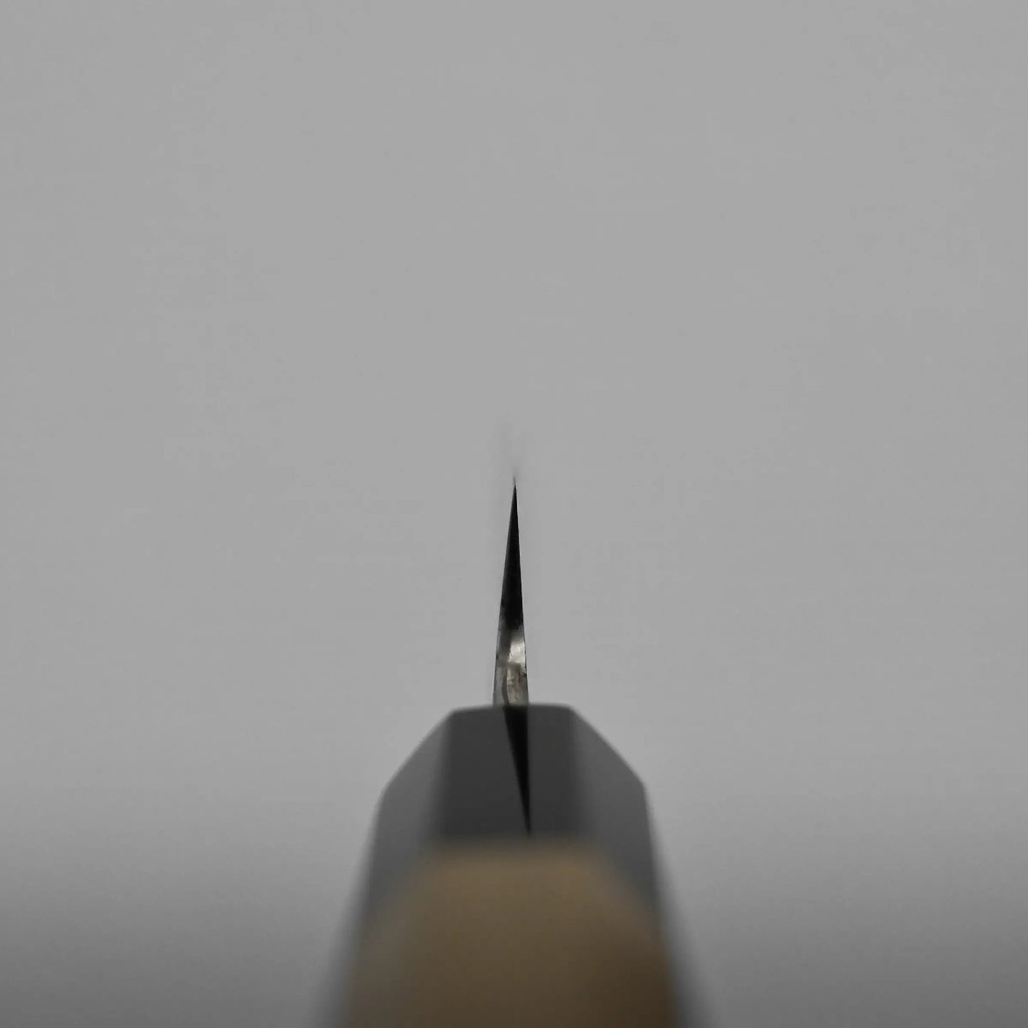 Choil shot of petty knife positioned upright, resembling the sharpness of a petty knife, set against a plain, light gray background.