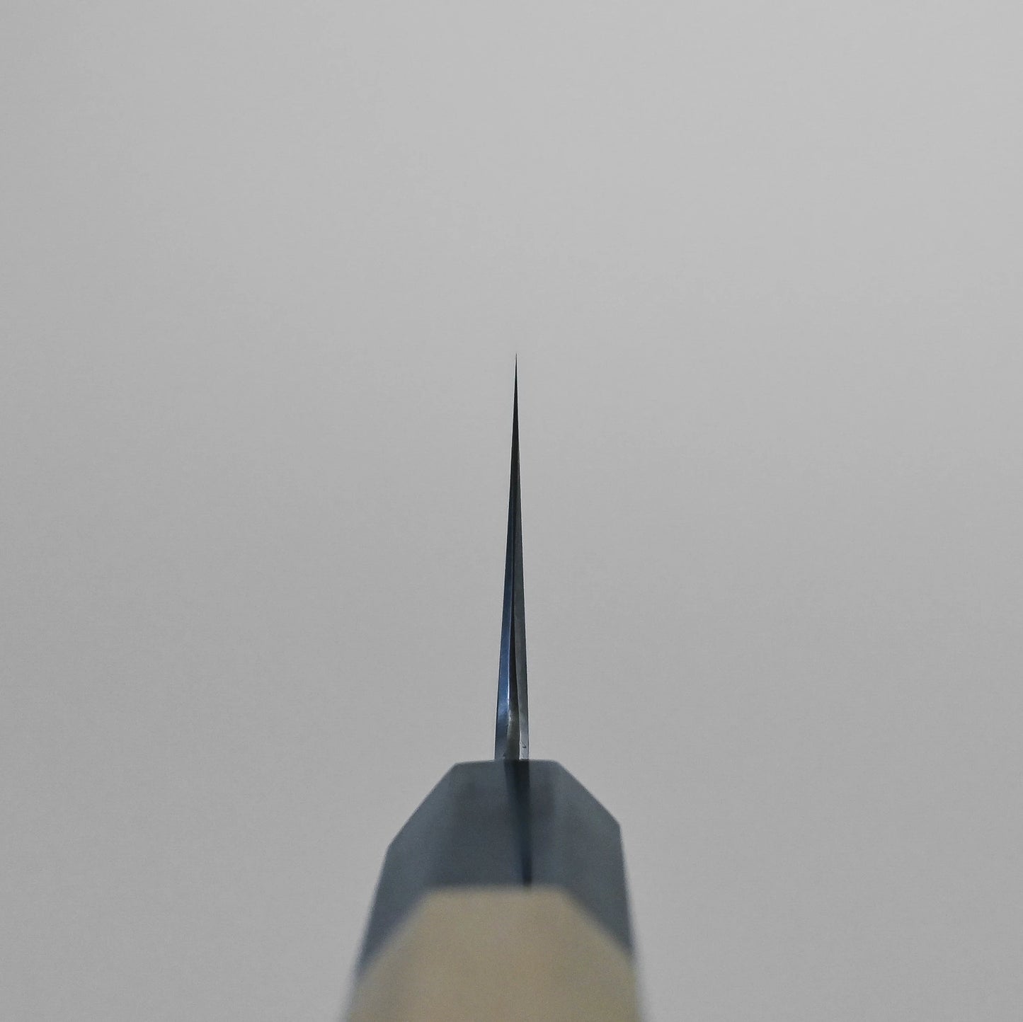 Choil shot of the gyuto knife, shot from the handle end with the blade pointing upwards against a plain light gray background.
