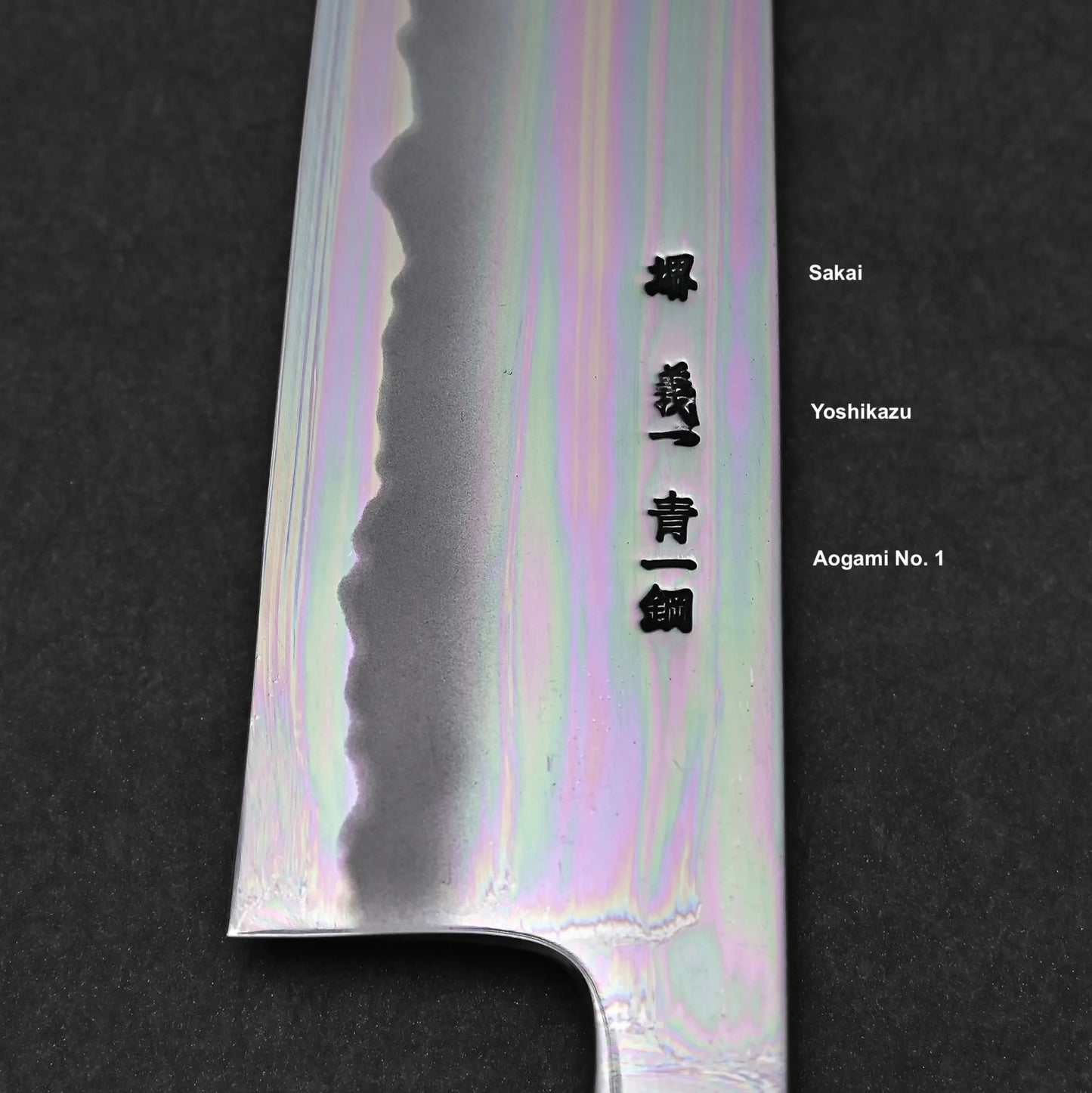 Close-up of a Japanese kitchen knife blade with kanji engravings, temper line, and subtle rainbow reflection. Featured on the right: Yoshikazu Tanaka Aogami#1 Tall Gyuto 230x54mm.