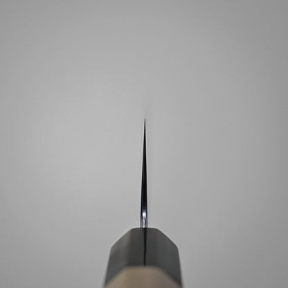 Choil shot of the Yoshikazu Tanaka shirogami#1 kiritsuke gyuto 225mm knife, centered and photographed from above against a plain light grey background. Crafted in Sakai, Japan by Yoshikazu Tanaka.