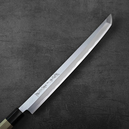 Sakimaru sujihiki with saya; blade and sheath displayed side by side, emphasizing knife length and form.