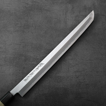 Sakimaru sujihiki with a 300mm straight carbon steel blade and saya, featuring a refined finish.